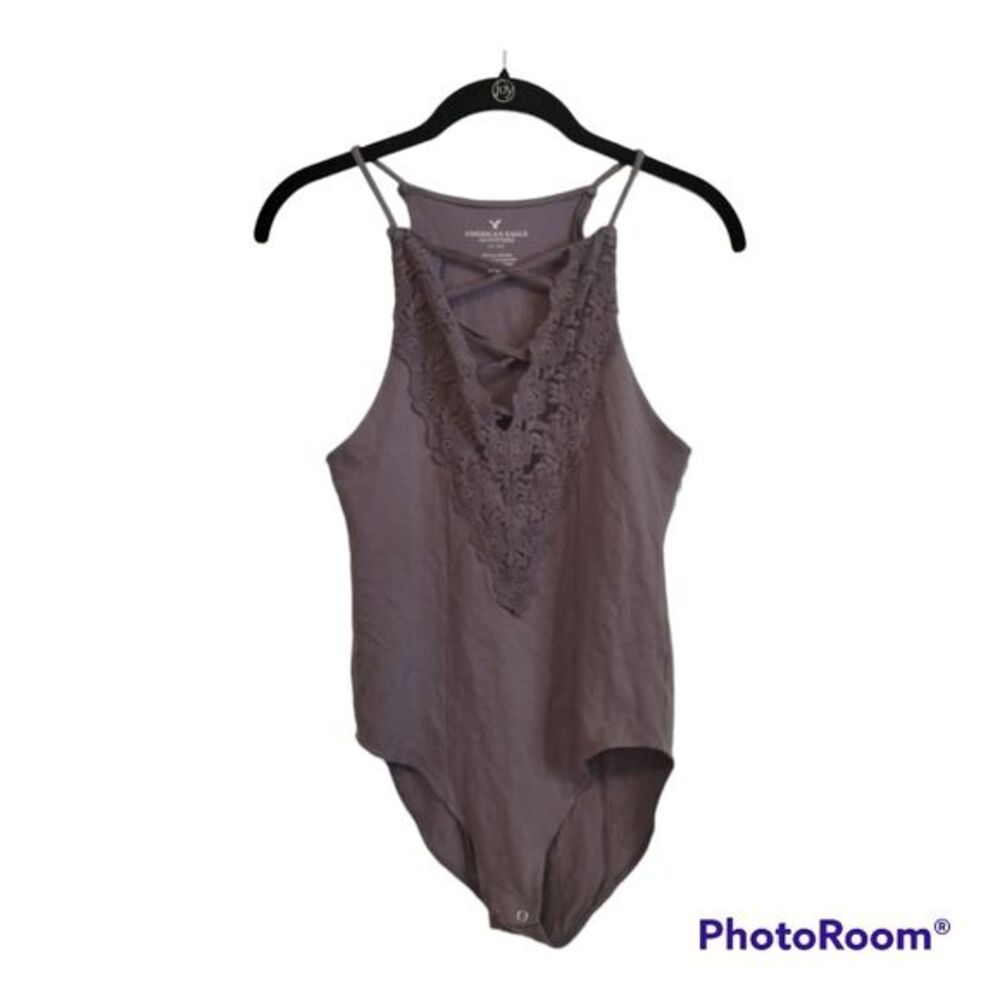 American Eagle Lace Trim Cross Front High Neck Bodysuit Mauve Purple Size Medium